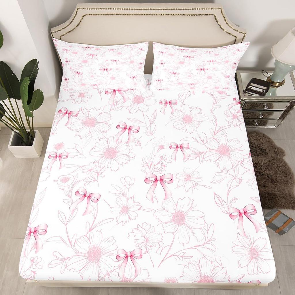 Simple Bow Pattern Mattress Three-Piece Digital Printing Mattress Bedding Set Adult Children