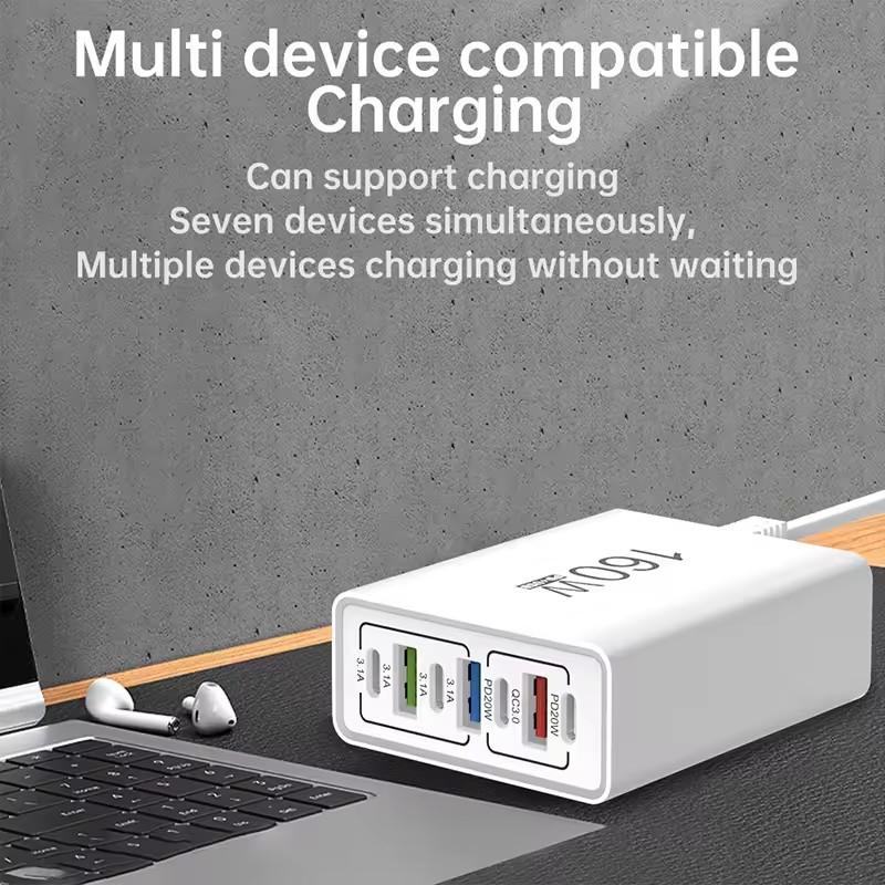 160W USB C Charger Fast Charging 4USB+3TYPE-C EU/US 7 Ports Charging Head Quick Charge QC3.0 Mobile Phone Wall Adapter