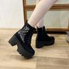 Women's Black Side Zipper Combat Boots Fashionable Lace Up Boots Platform Flower Embroidery Details Goth Shoes