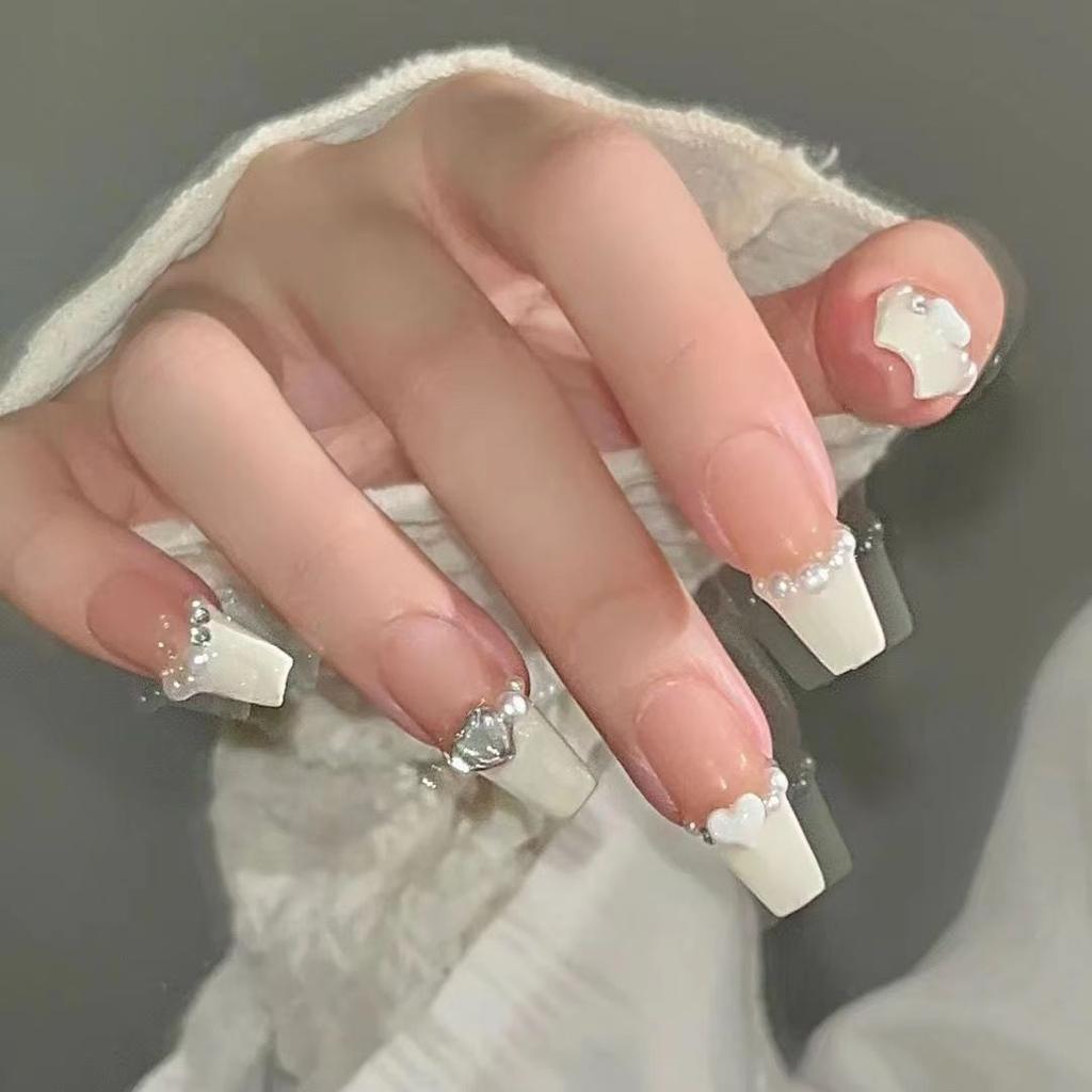 10pcs/set Handmade French Light Therapy Manicure Love Puff Wearable Removable False Nail Stickers