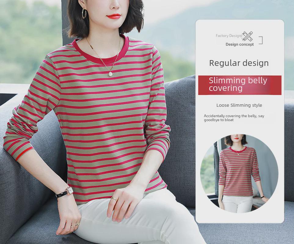 2023 Women's Oversized Striped Cotton Long-Sleeve T-Shirt for Autumn