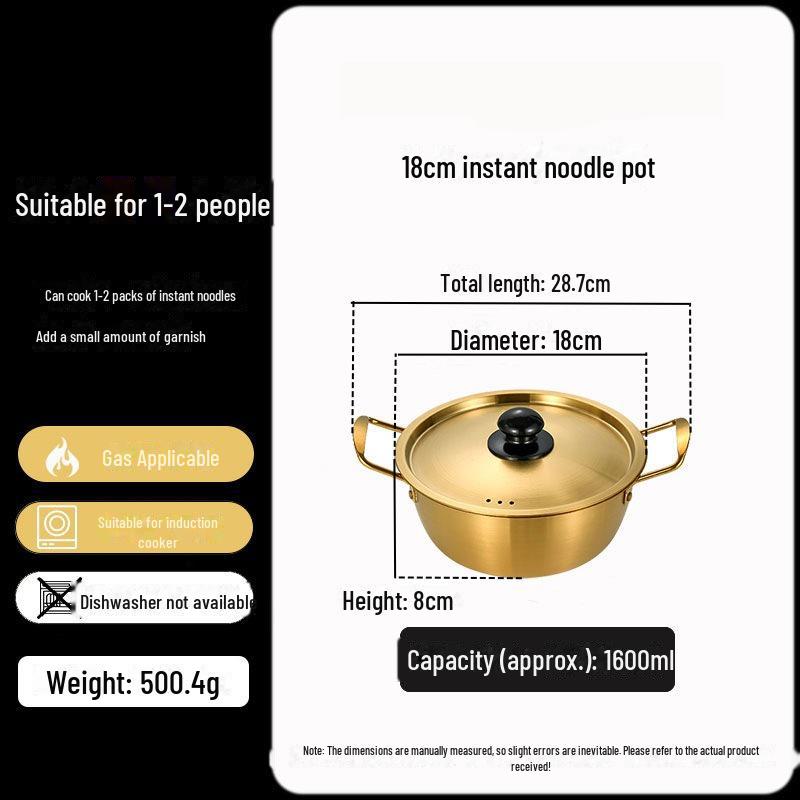 Золотистая корейская кастрюля для рамэна из нержавеющей стали с крышкой — двойные ушки, утолщенная, идеально подходит для лапши, супа или небольших горячих блюд.