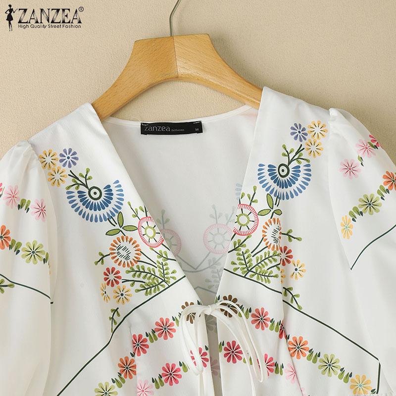 ZANZEA Женская повседневная блузка с принтом на шнуровке, V-образным вырезом и коротким рукавом