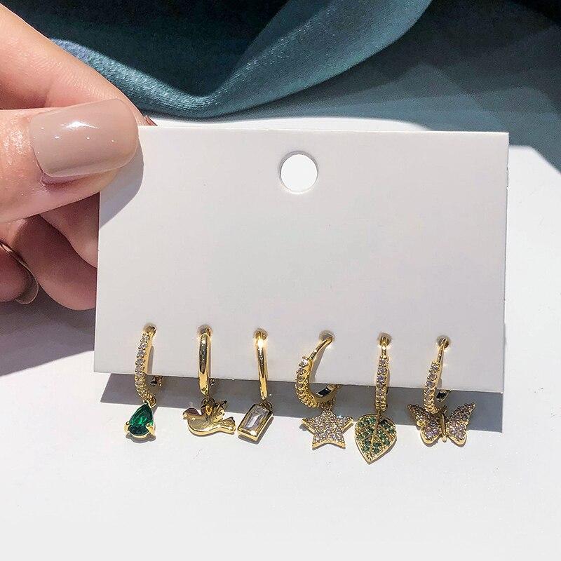 Комплект из 6 серег из стерлингового серебра 925 пробы, женские серьги-кольца в форме листьев, звезд и бабочек, капли воды, изящные ювелирные изделия