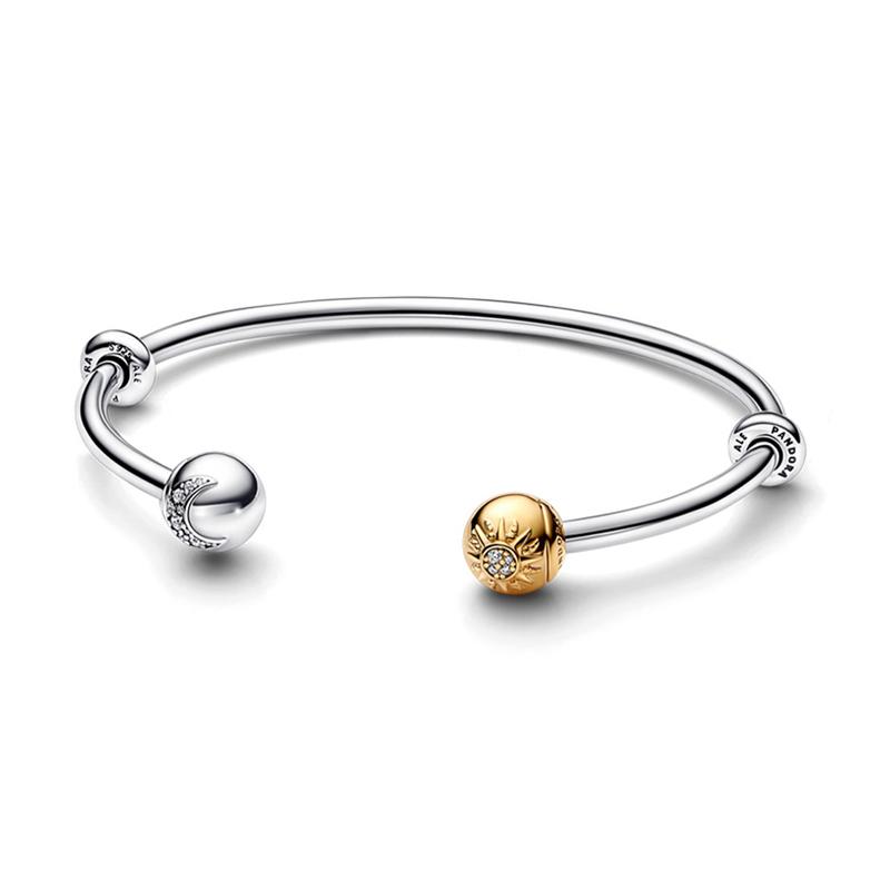 Pandora Two-color sun and moon opening, sun and moon shape, 925 silver bracelet, same style for men and women, couple style, silver 562426C01