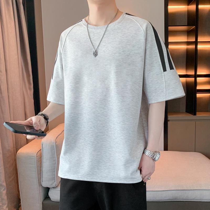 Полосатая мужская футболка с короткими рукавами, простая и свободная футболка, плечи спущены, рукава пять с половиной, размер плюс