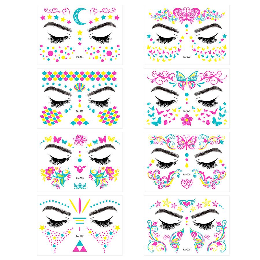 8pc/Set Butterfly Tattoo Sticker Party Nightclub Fluorescent Face Sticker Bar Waterproof UV Glowing Neon Tattoo Music Festival