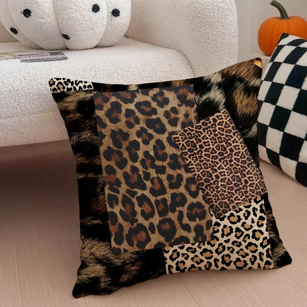 PPatchwork Fragmented Leopard Print Cushion Cover Throw Pillow Cover Hidden Button Durable Polyester Chair Cushion