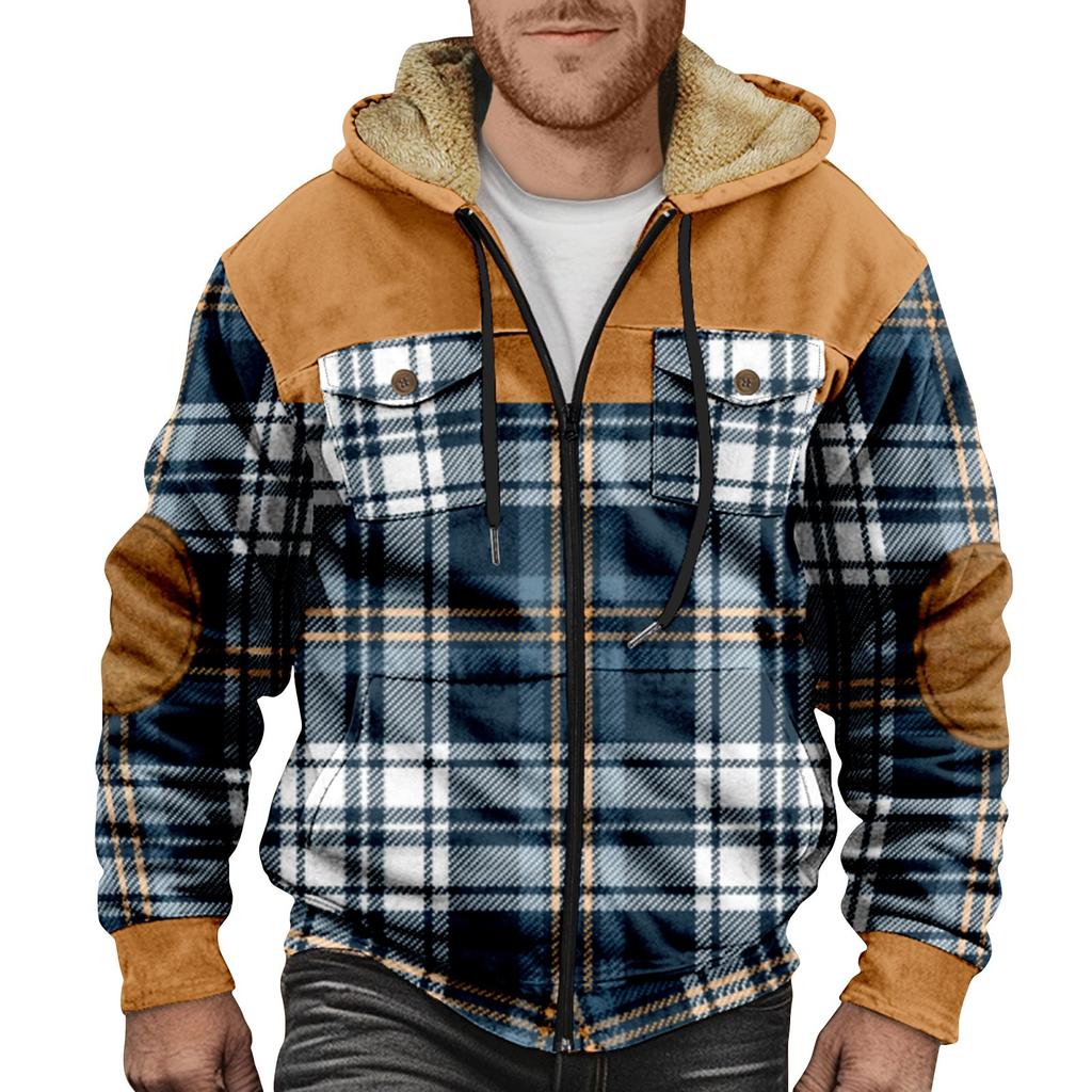 Men's Plaid Print Double Pocket Jacket Men's Spring And Autumn Casual Trend Zipper Hooded Jacket