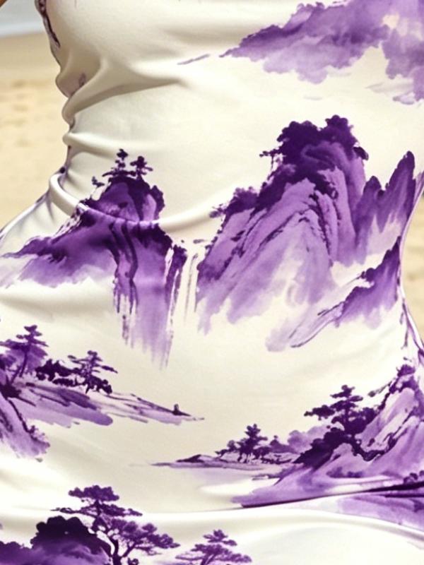 Modern Watercolor Landscape Print Sleeveless Bodycon Mini Dress, High Waist Form-Fitting Casual Dress