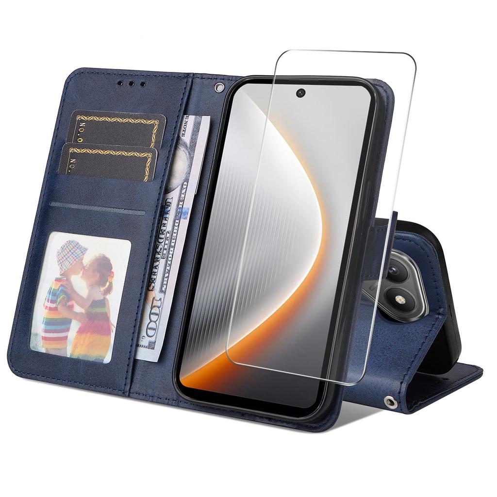 For TECNO Pova 7 4G PU Leather Wallet Case Phone Stand Cover with Tempered Glass