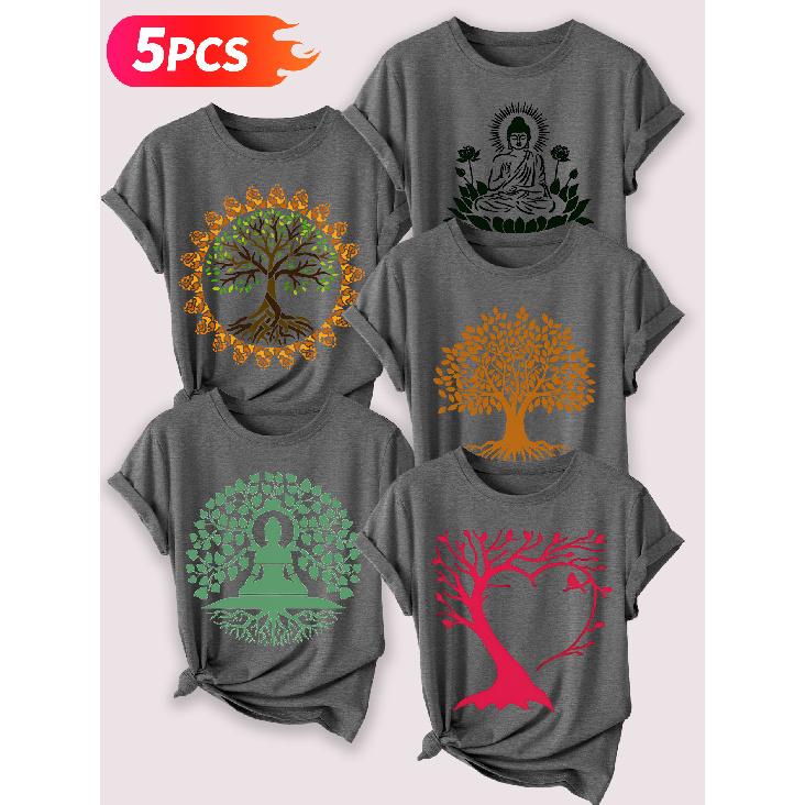 Zen-inspired Tree of Life Lotus Meditation Artistic Print Five-piece set of women's short-sleeve tops Elegant Summer Party Outfits Essential fashion