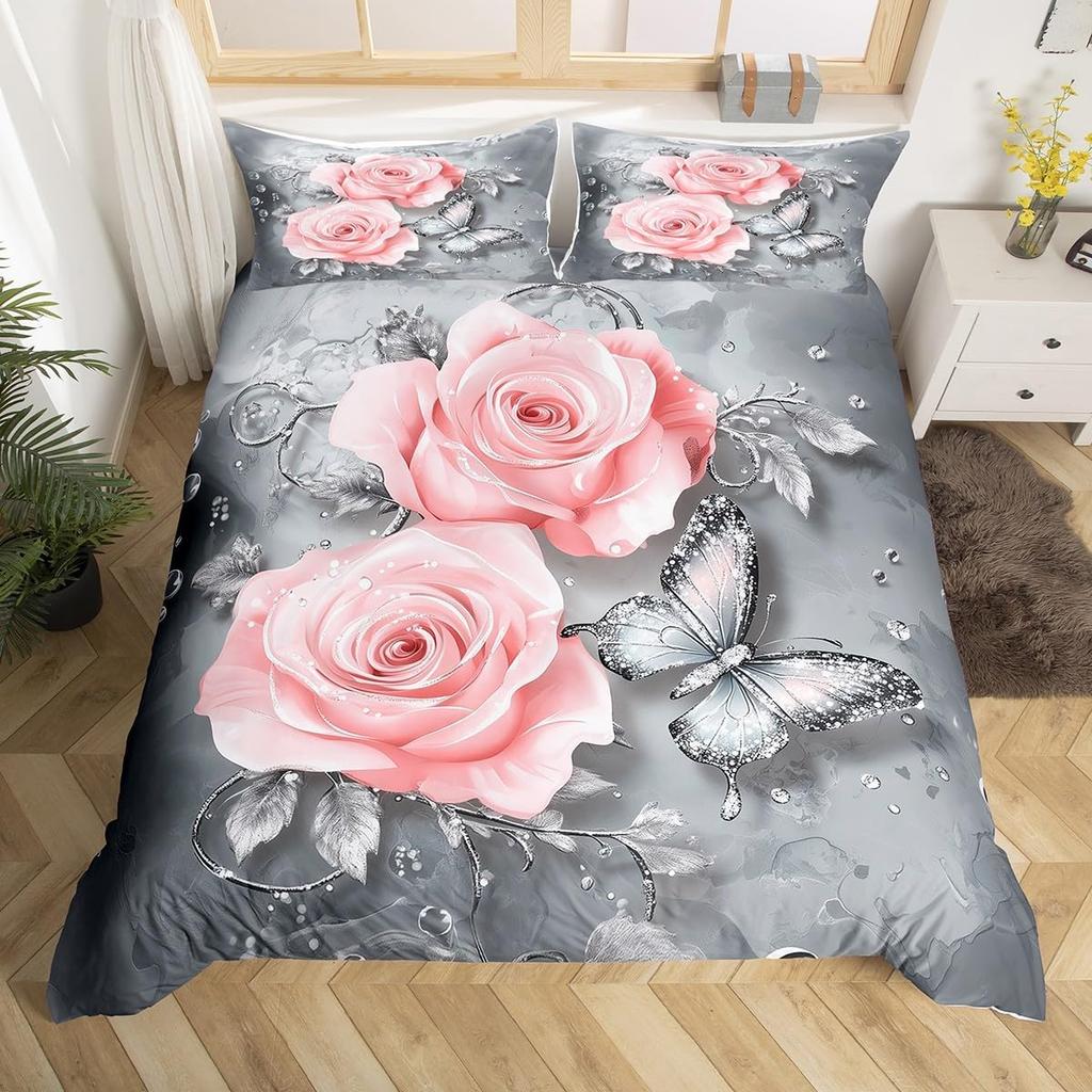 Rose Butterfly Duvet Cover Queen King Size Butterfly Valentine'S Day Quilt Cover Bedding 3 Pcs Rose Flower Quilt Cover 3 Pcs