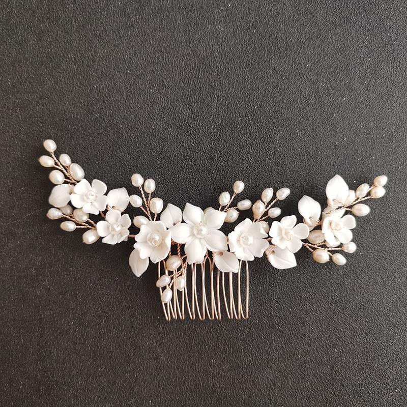 SLBRIDAL Handmade Porcelain Flower Leaf Freshwater Pearls Bridal Hair Comb Wedding Headband Hair Accessories Women Jewelry