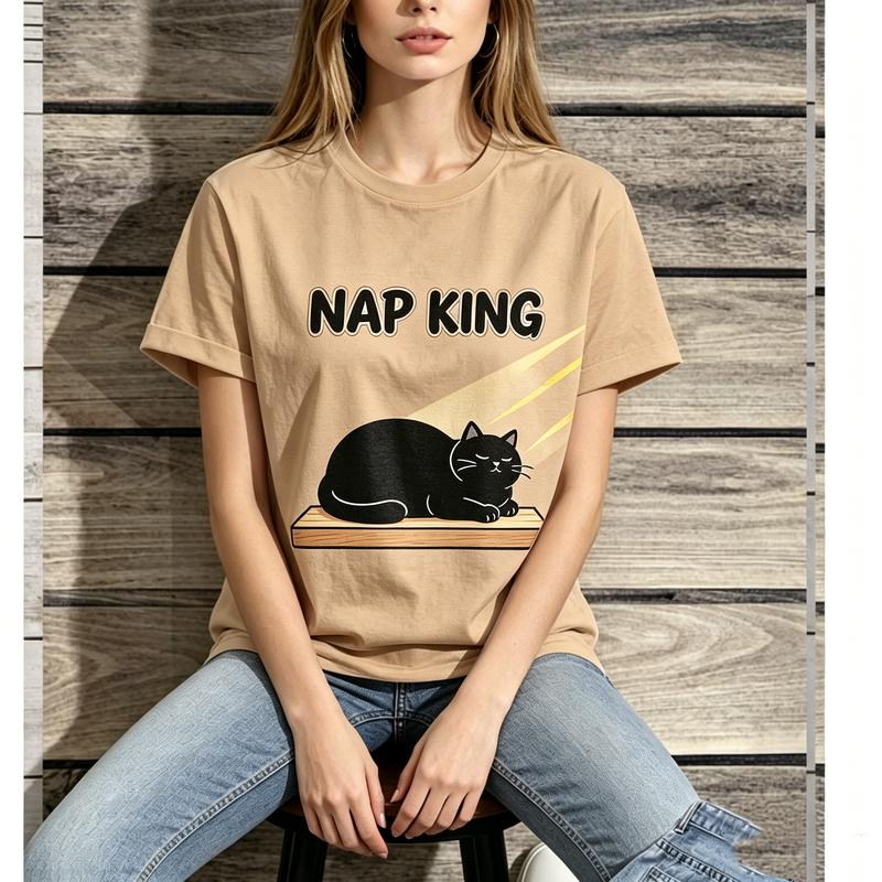 2026 New Unisex Cute Black Cat Nap King Lazy Cat Sleeping Graphic Short Sleeve Tee Cotton Vintage Casual Summer Top Pet Fans