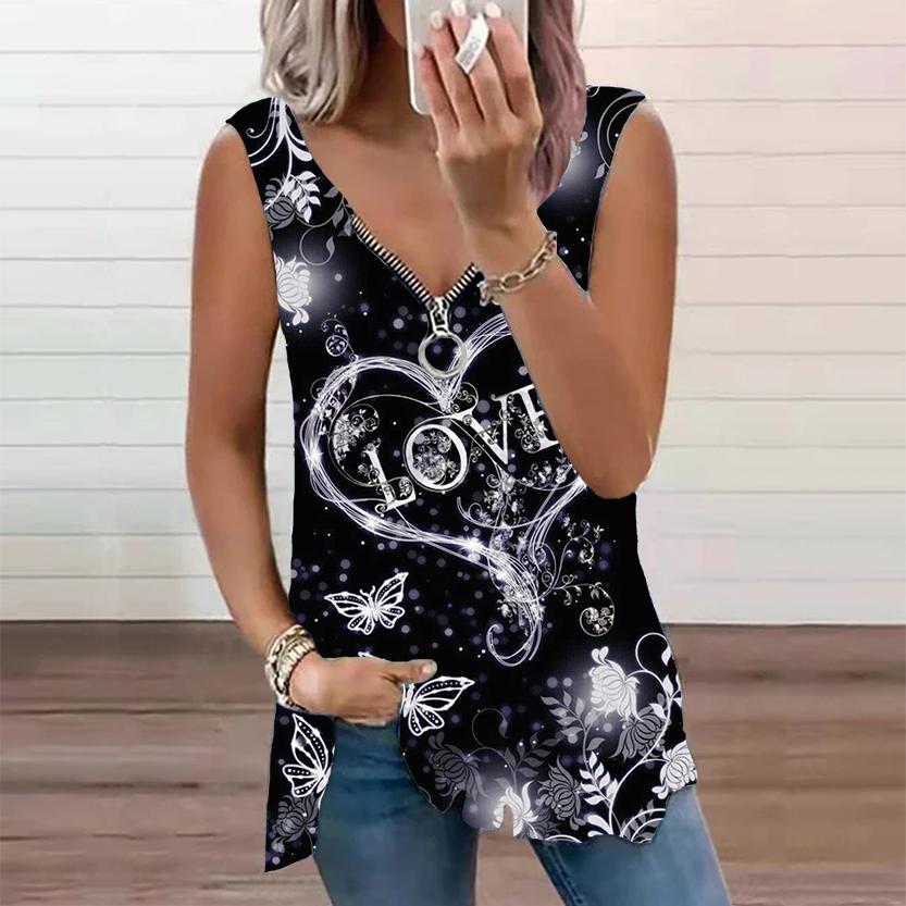 Женский топ, летний новый модный красивый повседневный топ с принтом «Любовь», без рукавов, на молнии, с v-образным вырезом, топ на бретелях