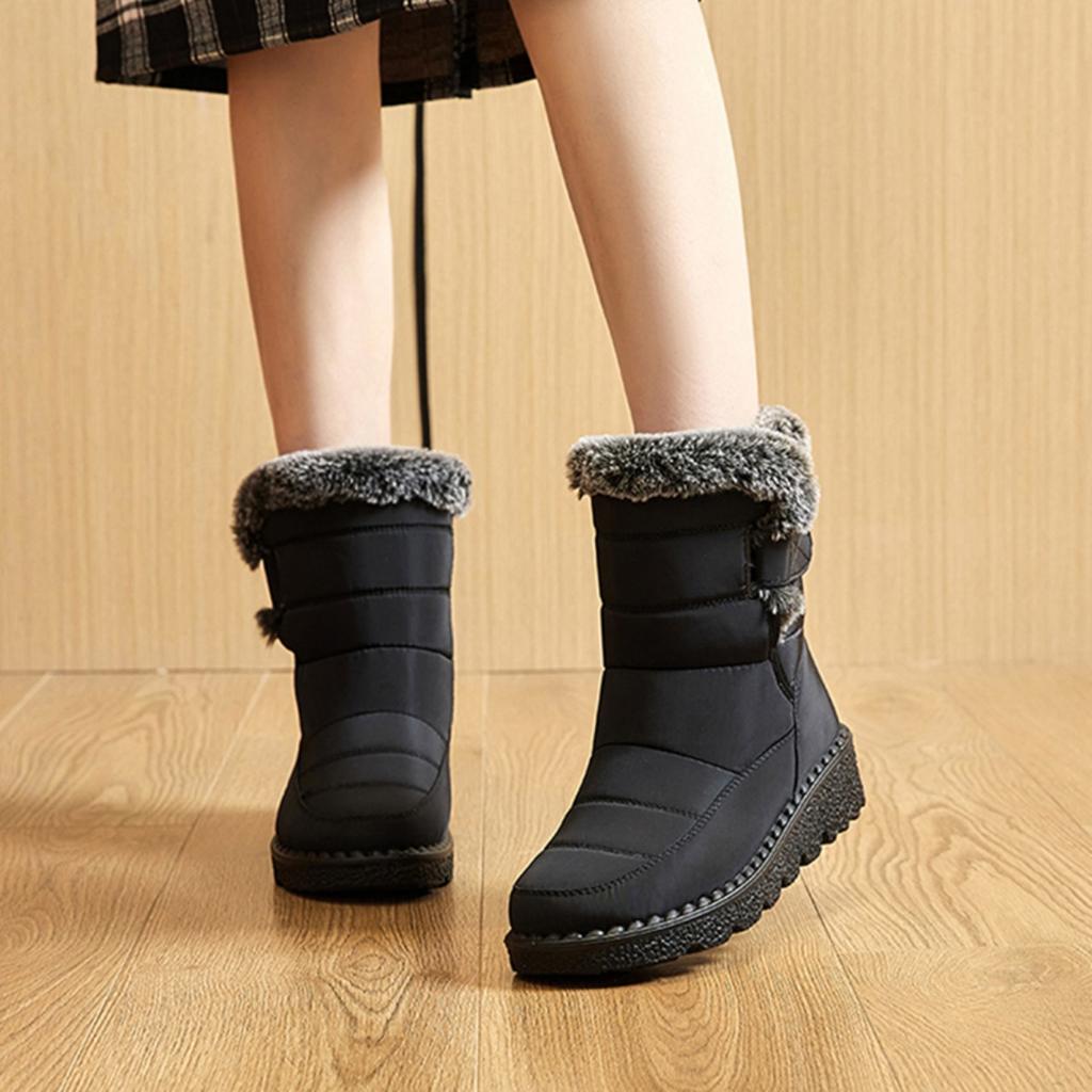 Women's Plush Winter Boots - Warm Lined Ankle Boots with Button Closure, Low Platform and Non Slip Sole, Casual Winter Shoes