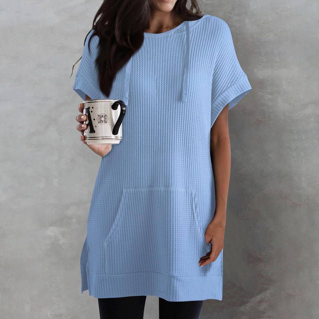 Женские однотонные свободные рубашки, толстовки с короткими рукавами и шнурком, вязаная туника с боковыми разрезами, топы с капюшоном и карманом