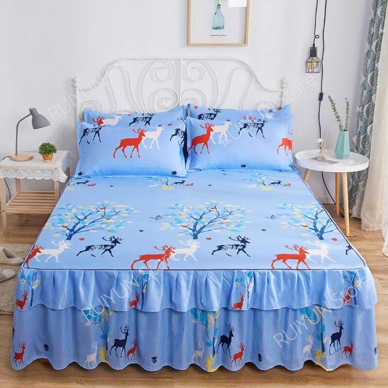 New Princess Printed Double Layers Bed Skirt Non-slip Mattress Cover Home Bedroom Soft Bedspread Bed Skirt Bedsheet Bed Cover