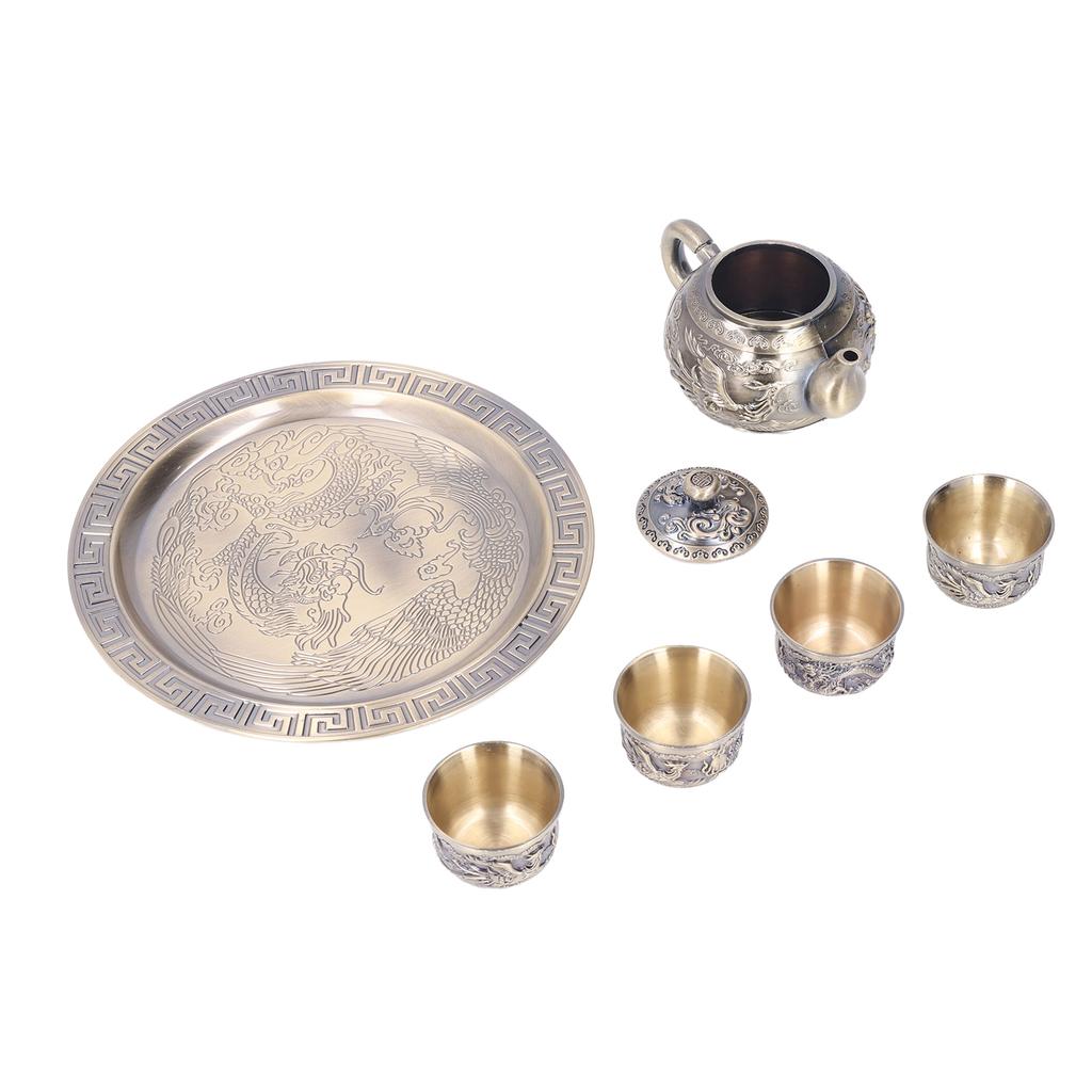 Tea Pot Vintage Exquisite Metal Luxurious Relief Pattern Moroccan Tea Set with Cups Plate for Table