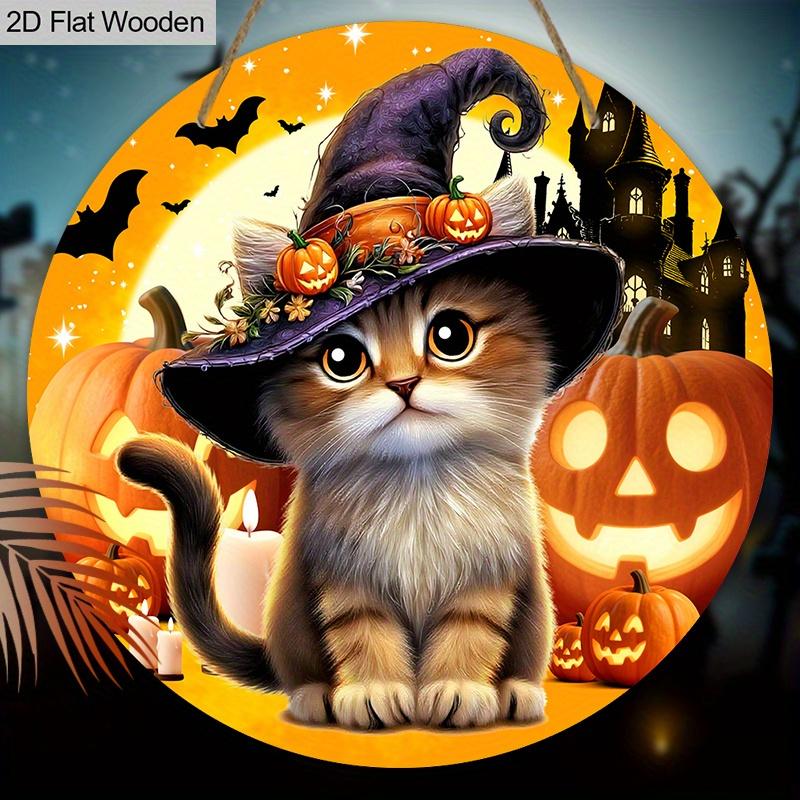 Halloween Wooden Sign with Adorable Cat Pattern - Charming Figurine Ornaments - Ideal for Front Door, Wall, Room Decor