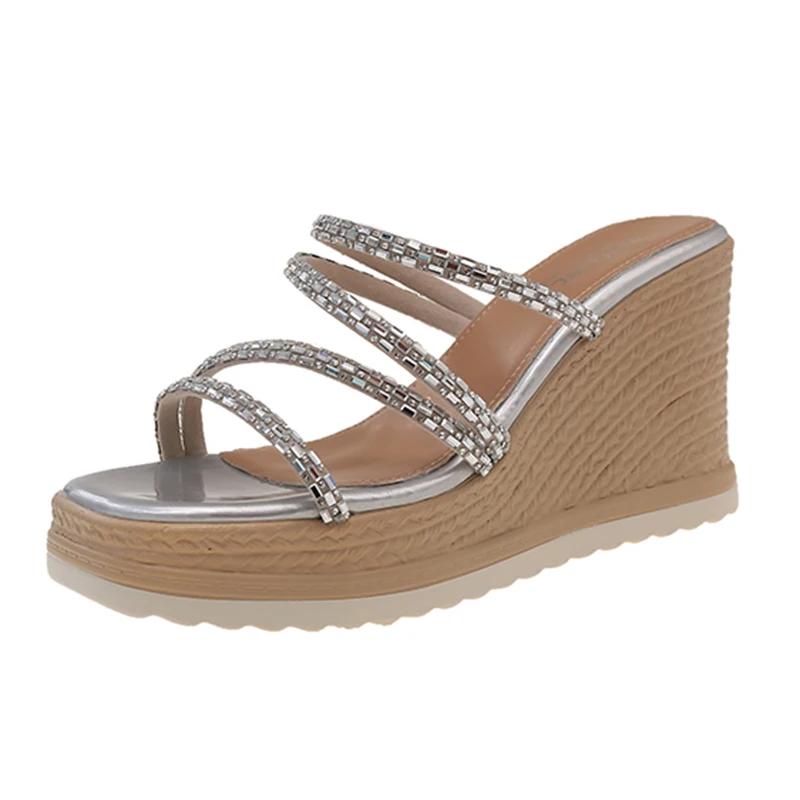 Модные блестящие хрустальные сандалии на танкетке для женщин 2025 лето массивные шлепанцы на платформе женская модная обувь на толстой подошве для вечеринок сандалии женские