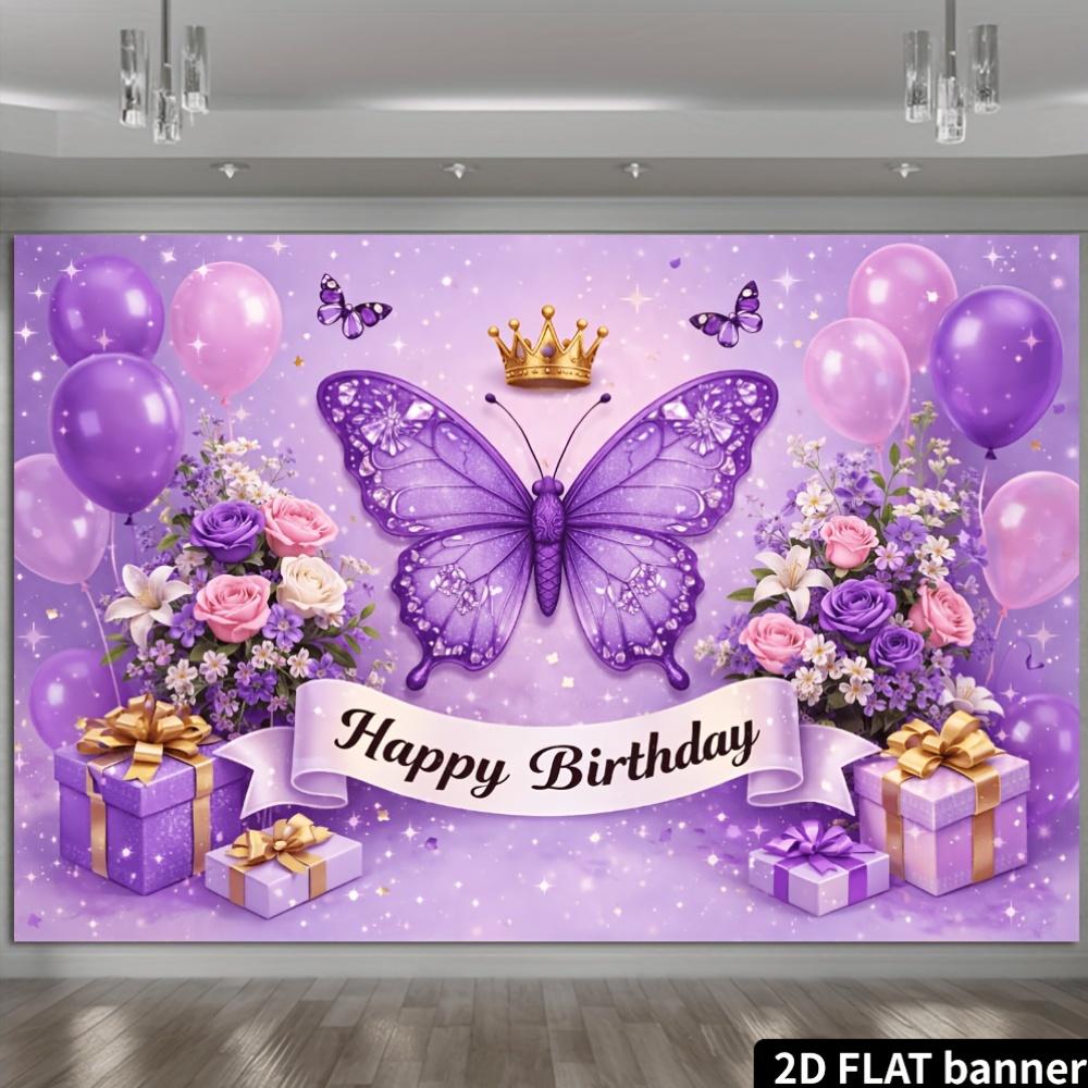 2D flat birthday party banner background - Purple glittering butterfly theme birthday decoration background
