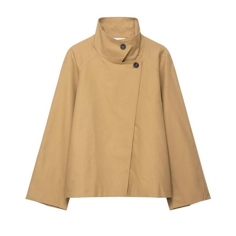 Womens Casual Solid Color Loose Short Trench Coat Street Style Half High Neck Single Breasted Outerwear