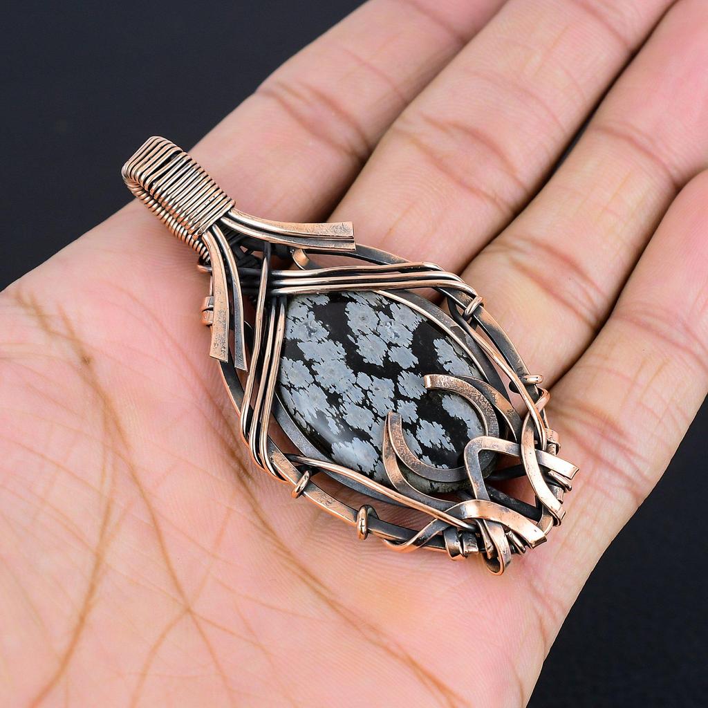 Snowflake Obsidian Pendant, 999 Copper Wire Wrapped Gemstone Handmade Dainty Jewelry Pendant, For Her