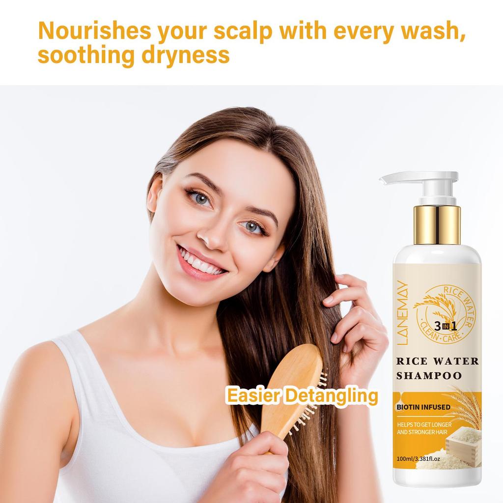 Шампунь 3 в 1 на основе рисовой воды — Укрепление и увлажнение поврежденных волос — Очищение и питание кожи головы — Подходит для всех типов волос