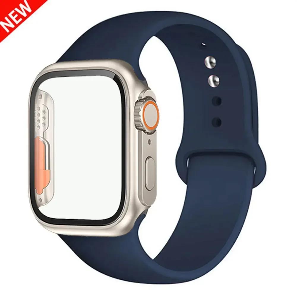 Силиконовый ремешок+Чехол для Apple Watch Band 44 мм 45 мм 41 мм 40 мм Закаленное стекло Cover Изменить на Ultra iWatch Series 9 8 7 SE 6 5 3