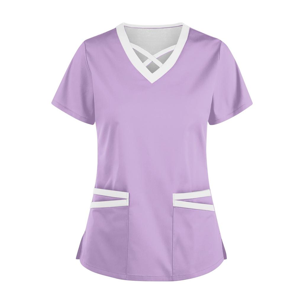 Women's Fashionable V-Neck Short-Sleeved Work Clothes With Drawstrings And Pockets Color Matching Tops And Protective Clothing