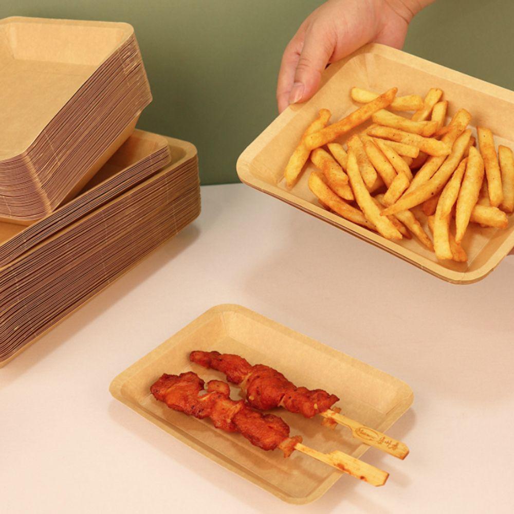 50PCS Waterproof Disposable Kraft Paper Food Plate Oil Proof Thickened Snack Tray Hard Odor-free Kraft Paper Barbecue Tray Cake