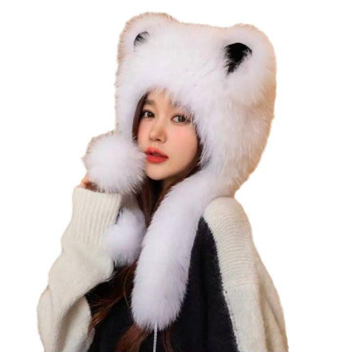 Стильная и милая шапка-ушанка, имитация плюша, большие лисьи уши, защита ушей, интегрированный шарф, утолщенная, осенне-зимняя, теплая шапка от холода