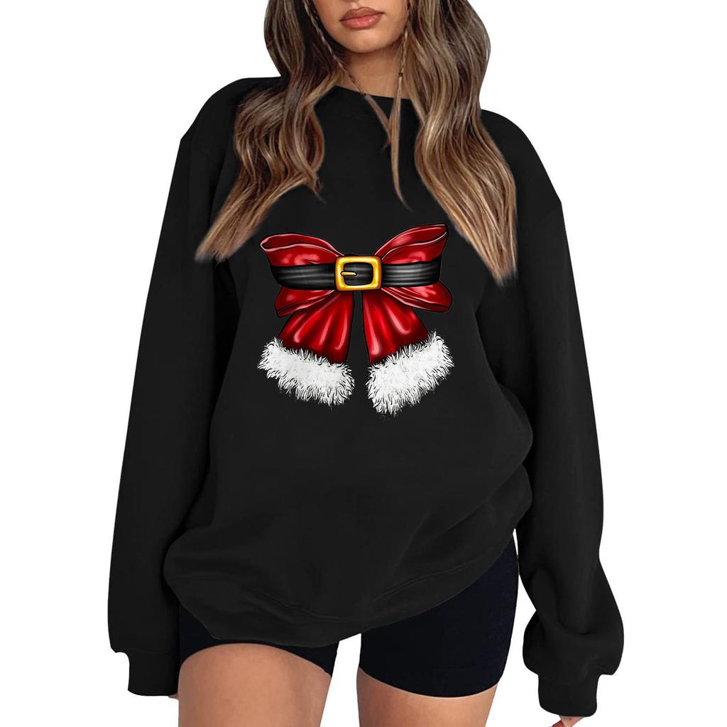 Женский повседневный свитер с круглым вырезом и длинными рукавами, рождественский принт, толстовка с капюшоном и длинными рукавами