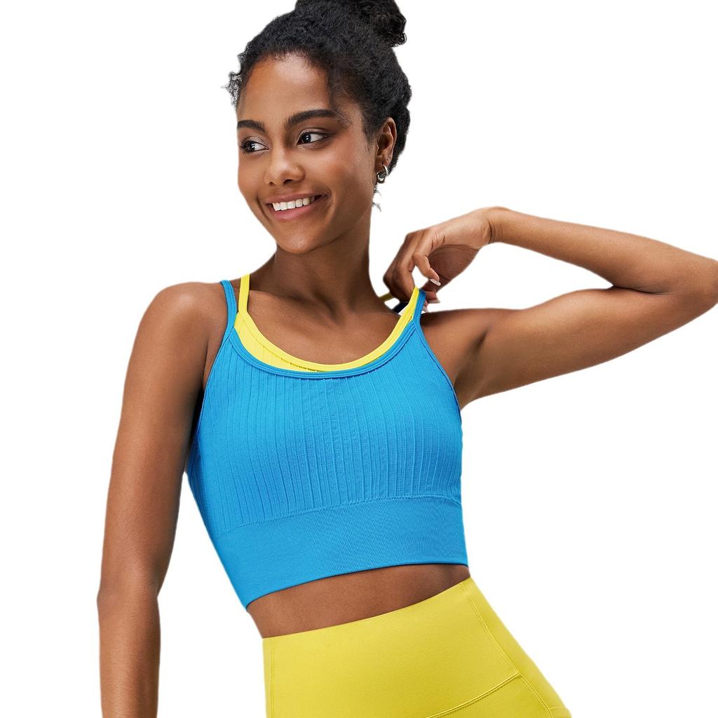 Women's Color Blocked Shockproof Sports Bra One Piece Summer Yoga Running Fitness Cross Back Vest