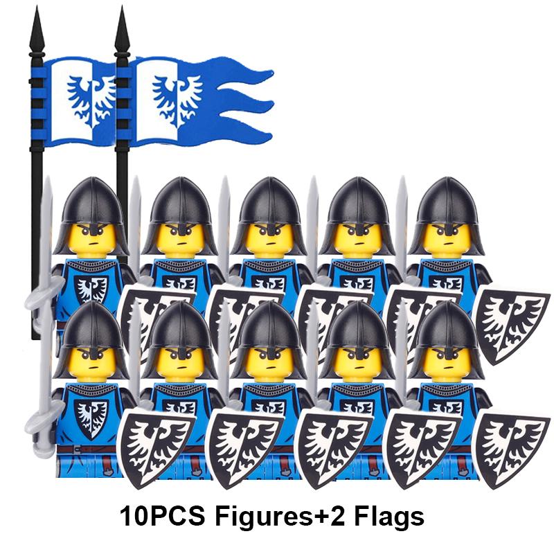 Европейские средневековые военные фигурки рыцарей и солдат, строительные блоки, флаги крестоносцев, оружие, щит, меч, шлем, игрушки в сборе