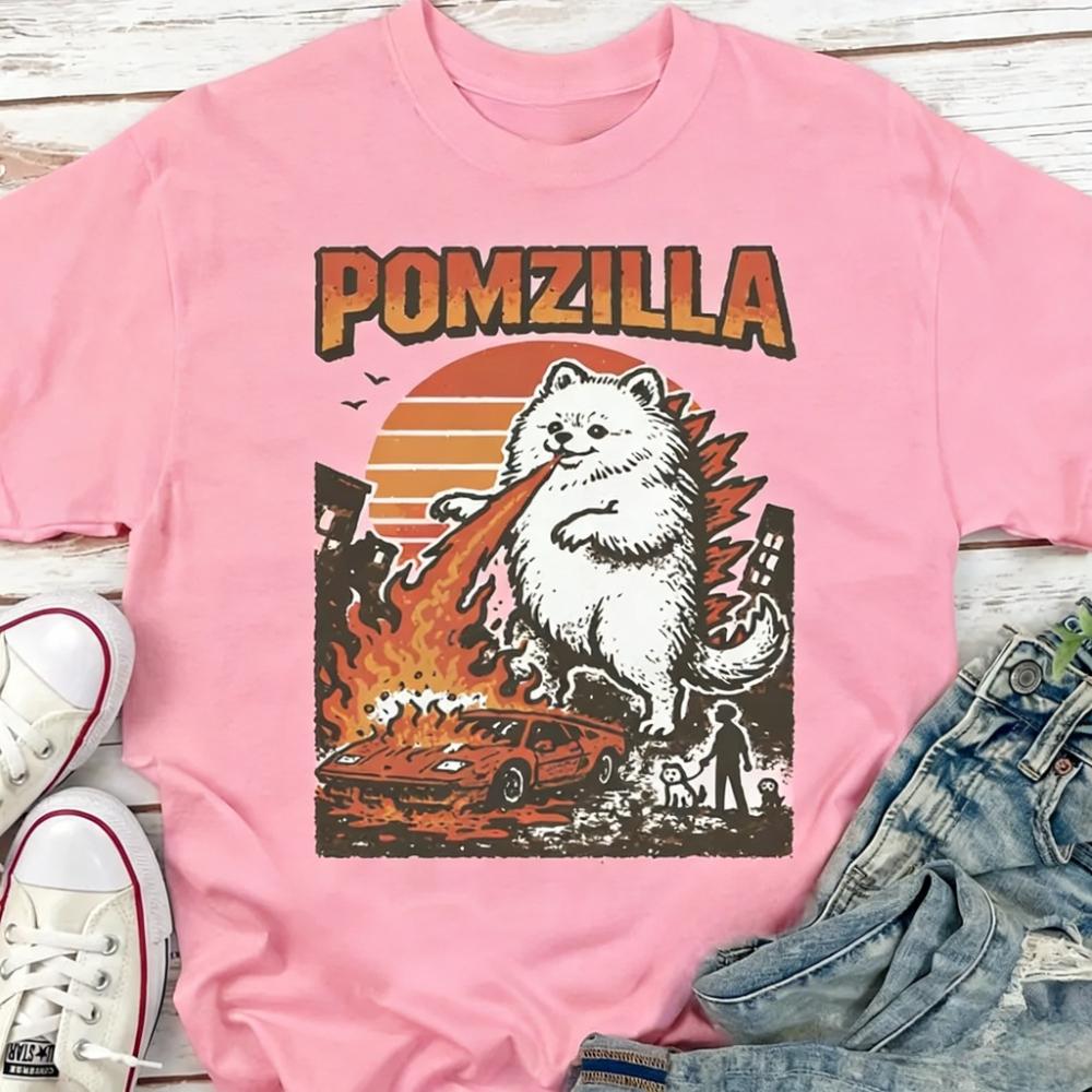 Смешная футболка с померанским шпицем POMZILLA Винтажная футболка с комическим монстром Пом Странная футболка с огнедышащим псом Подарок для любителей Верхняя одежда