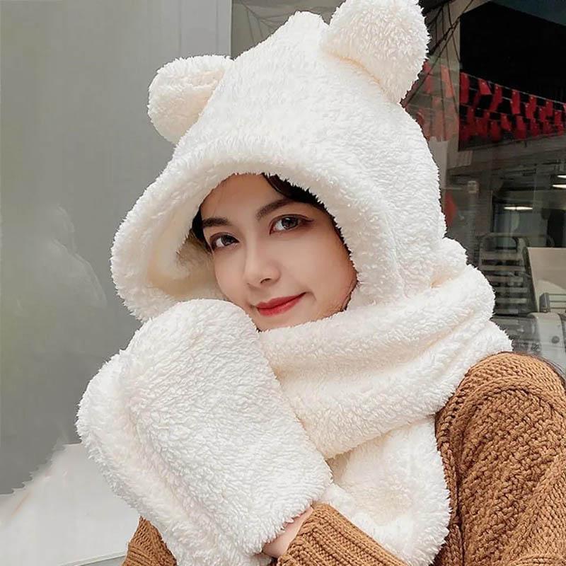 Шапка с медведем, корейская осенне-зимняя женская шапка, уличный велосипедный шарф с капюшоном, перчатки, один шарф, чтобы согреться