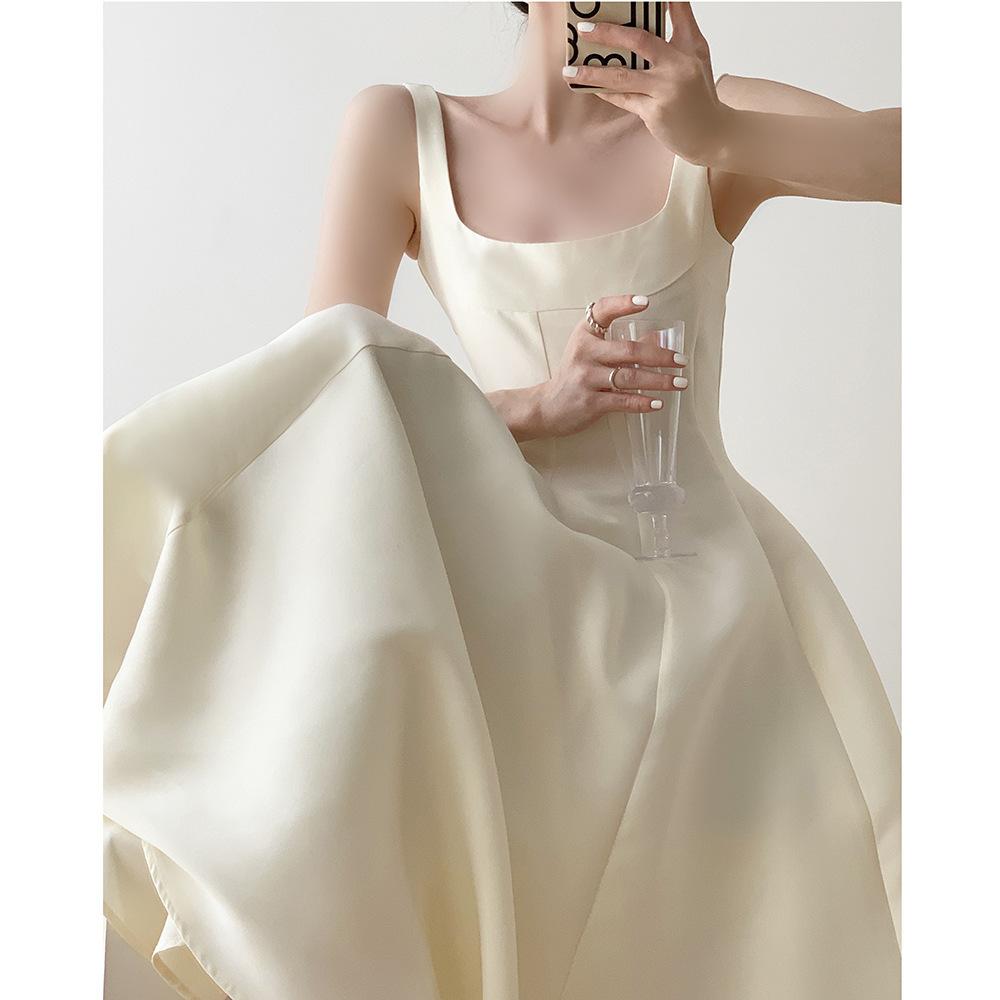 White retro suspender small dress certificate small white dress temperament thin evening dress party daily dress