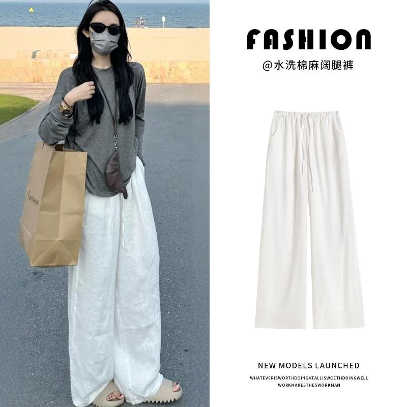 White Cotton and Linen Wide-leg Pants Women's New Summer Drape Casual Straight Small Old Money Style Linen Pants