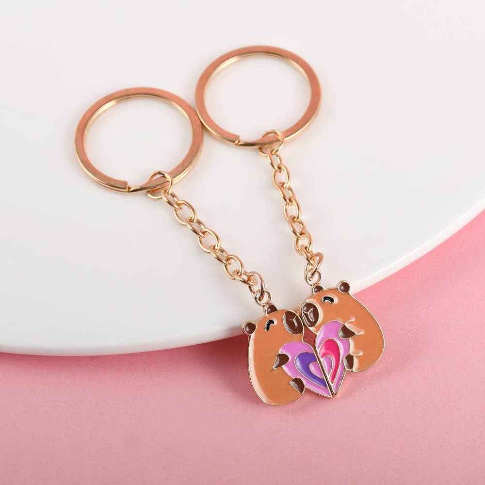 2Pcs/set Cute Kapibala Heart-shaped Stitching Best Friend Bestie Key Chain BFF Friendship Jewelry Gifts for Girls