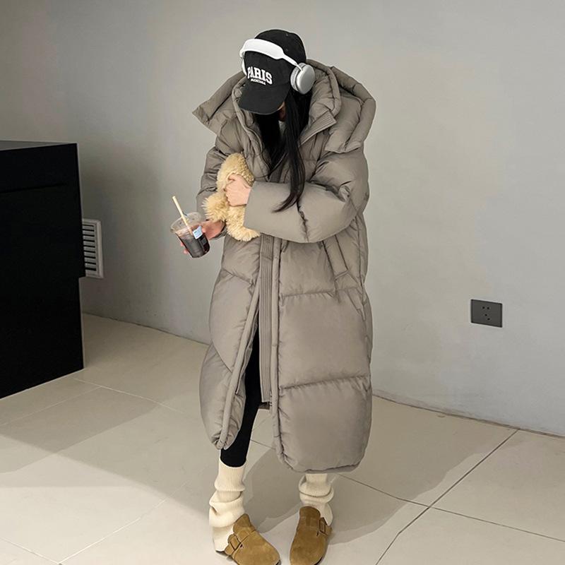 Модная удлиненная женская куртка-пуховик 2024 года, зимняя, с двойной планкой, утолщенная, большого размера, стеганая, белая, до колена, куртка на утином пуху