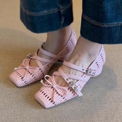 Туфли Мэри Джейн в милом стиле Женские дышащие плетеные с вырезами и перекрестными ремешками Весенне-летняя новая модель Корейская версия Одинарные туфли