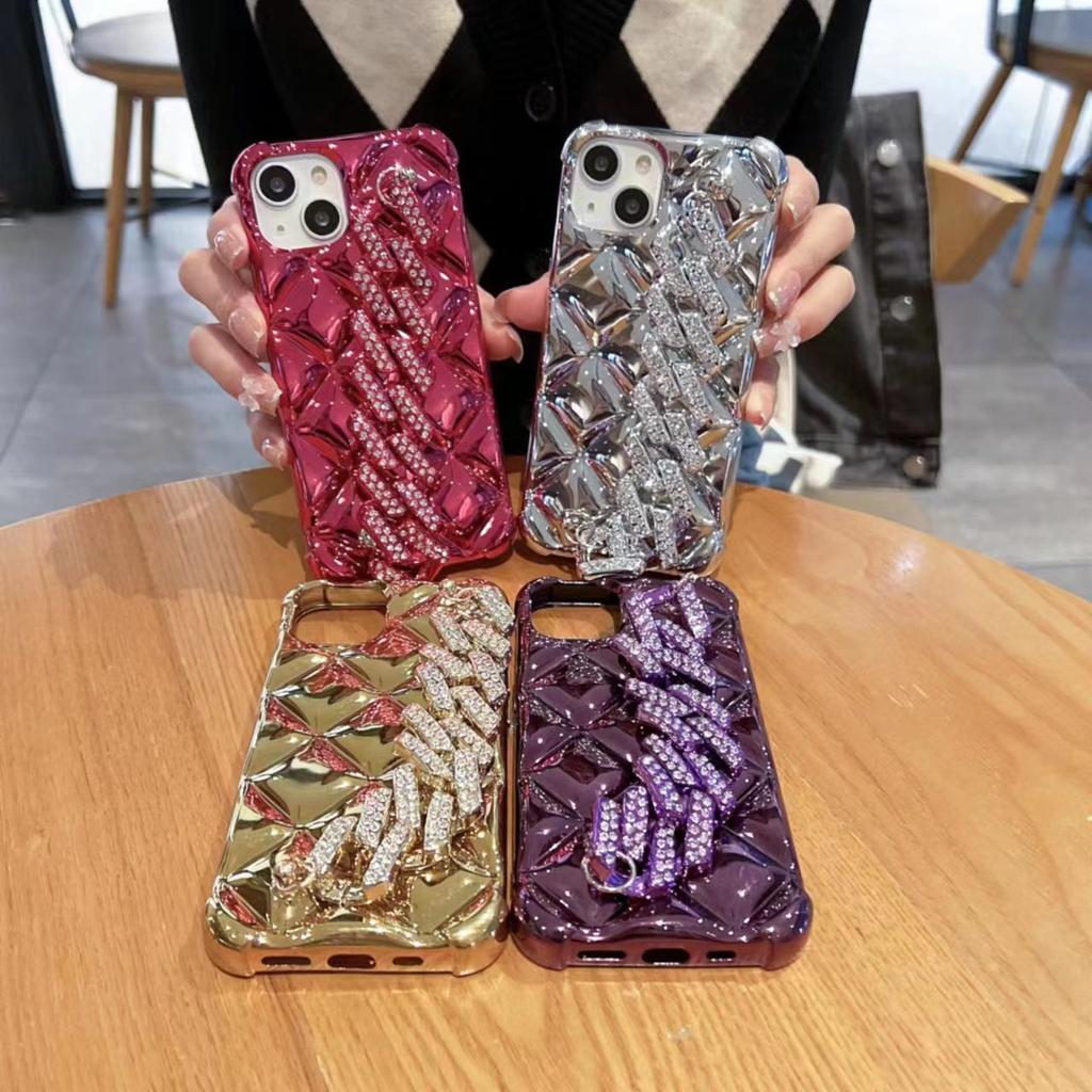 Luxury Gold Plating Rhombic Diamond Strap Mobile Phone Case for iPhone 17 Pro Glittering Wristband Phone Cases