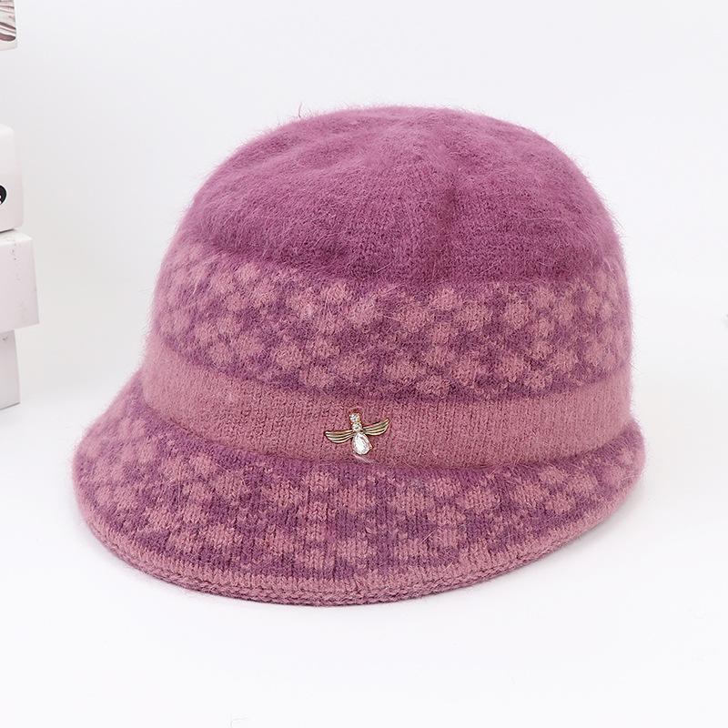 Ladies Autumn Winter Plus Fleece Pot Hat Middle-Aged and Elderly Warm Knitted Hat and Scarf Set Light Purple Single Cap