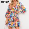 Женская мода лето весна цветочный принт с длинным рукавом V-образным вырезом с высокой талией повседневные платья