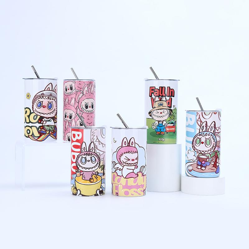 Мультяшный узор Лабубу из нержавеющей стали, изолированная чашка, простая кофейная чашка с соломой