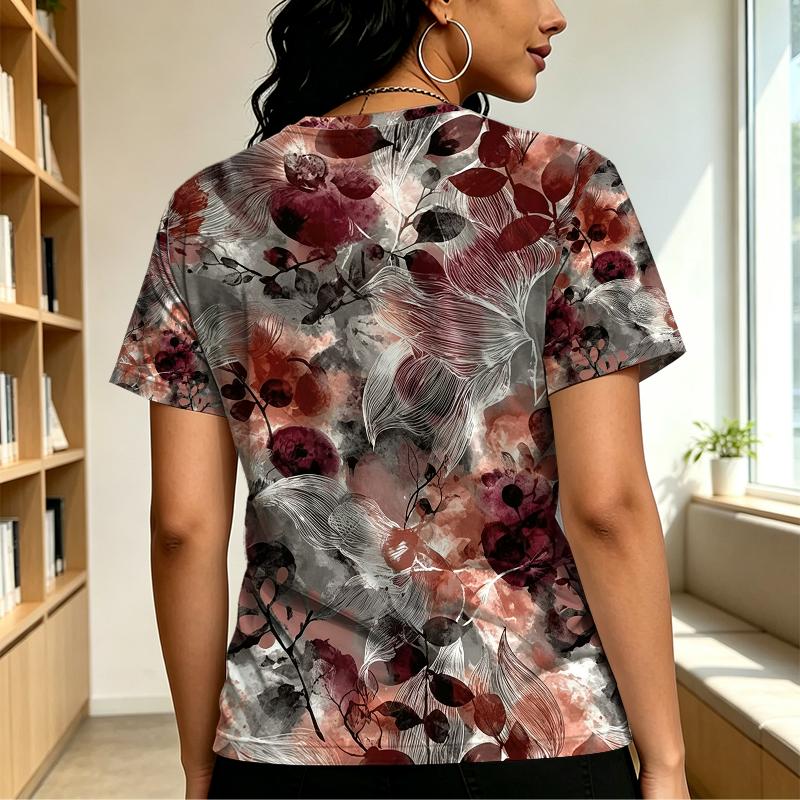 Women's Floral Crew Neck Short Sleeve T-Shirt Korean Style Basic Tee,Soft Fabric,Versatile for Daily Casual & Short Trips