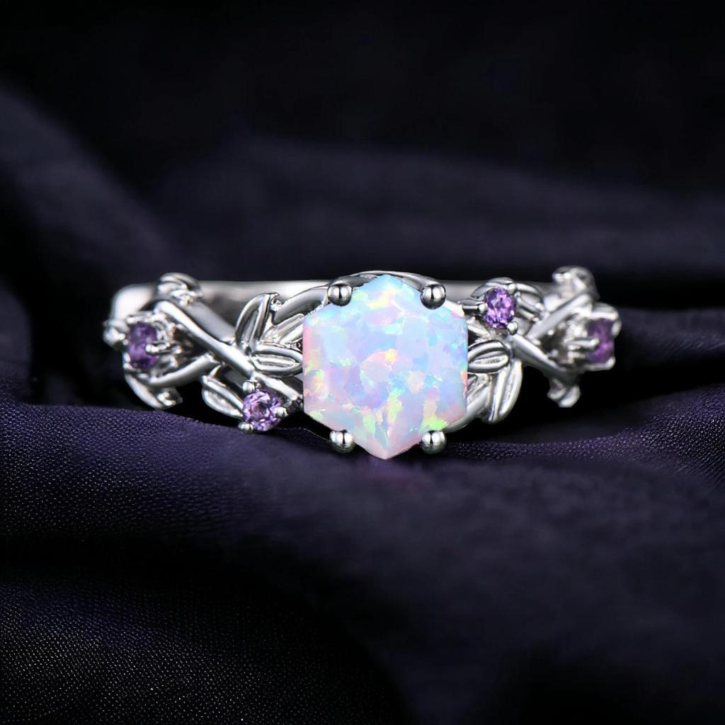Twig Opal Ring Vintage Hexagon Cut White Opal Engagement Ring White Gold Leaf Amethyst Ring Women October Birthstone Ring Anniversary Gifts